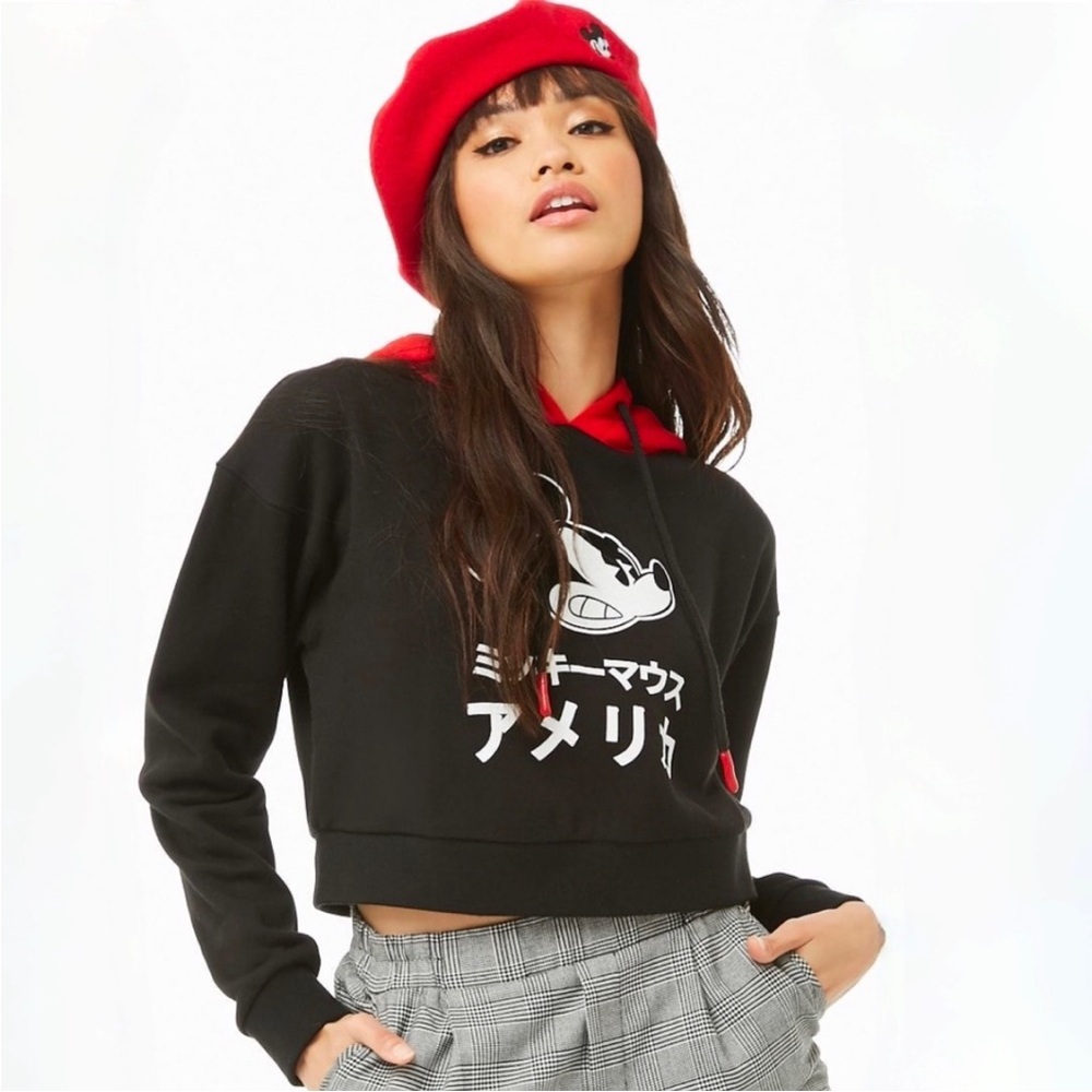 Disney x Forever21 Black & Red Angry Japanese Mickey Mouse cropped hoodie size S